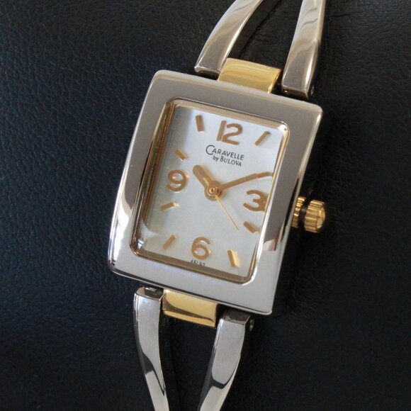 Caravelle Ladies Silver Tone With Gold Accents ½ Bangle Bracelet MOP Dial 16mm - Picture 7 of 15